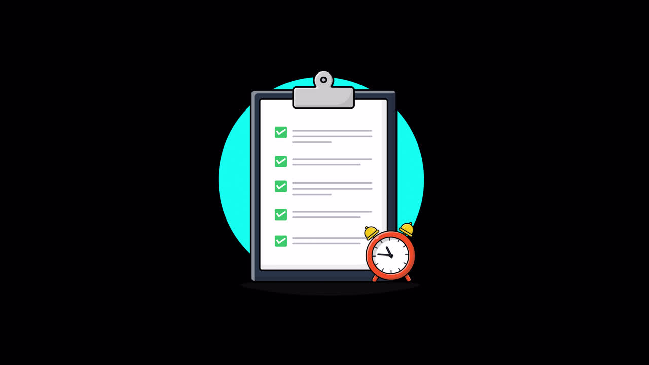 Animated Checklist on Clipboard with Alarm Clock Showing Task Completion