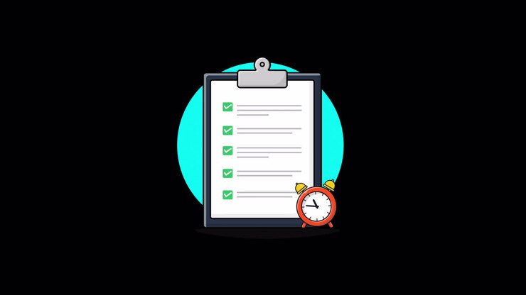Animated Checklist on Clipboard with Alarm Clock Showing Task Completion
