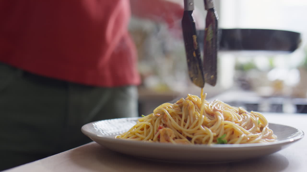 Serving Hot Spaghetti on Plate