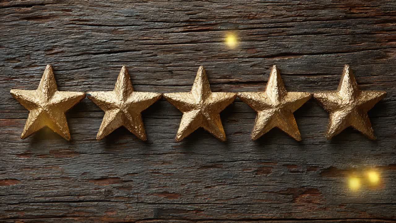 Five Gleaming Gold Stars Arranged on a Rustic Wooden Background, Symbolizing Achievement, Quality, and Excellence in a Beautifully Crafted Display