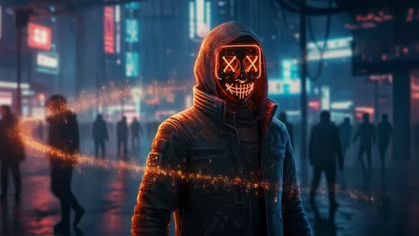 in a stunning futuristic urban landscape, a mysterious figure adorned with a glowing mask stands out against the vibrant neon lights of the city at night