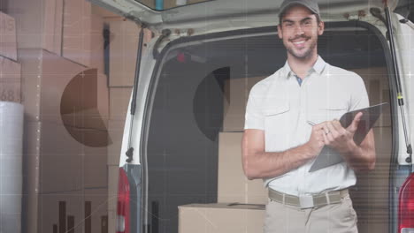 statistical data processing against portrait of caucasian delivery man with clipboard smiling