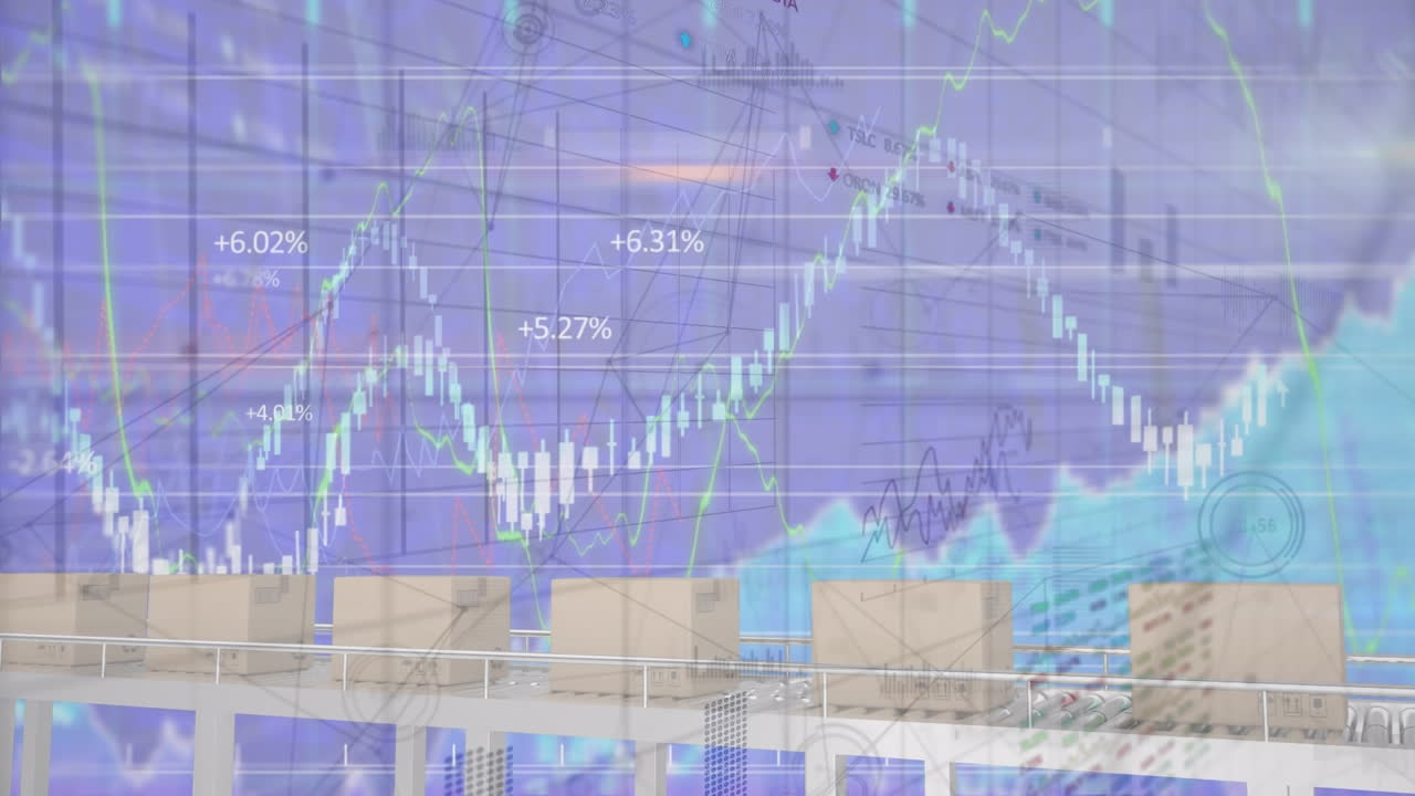컨베이어 벨트와 그리드에 있는 상자 위의 금융 데이터 처리 애니메이션