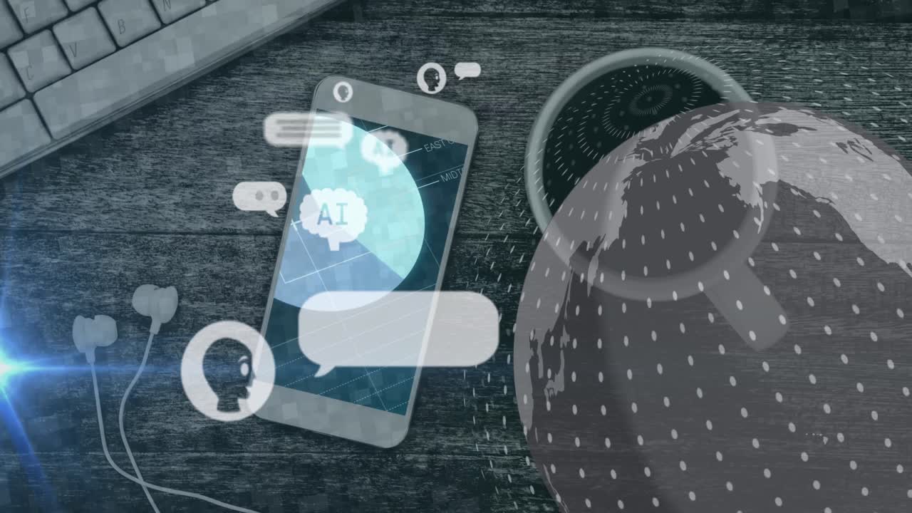 animación de chat artificial, procesamiento de datos y globo sobre el teléfono inteligente