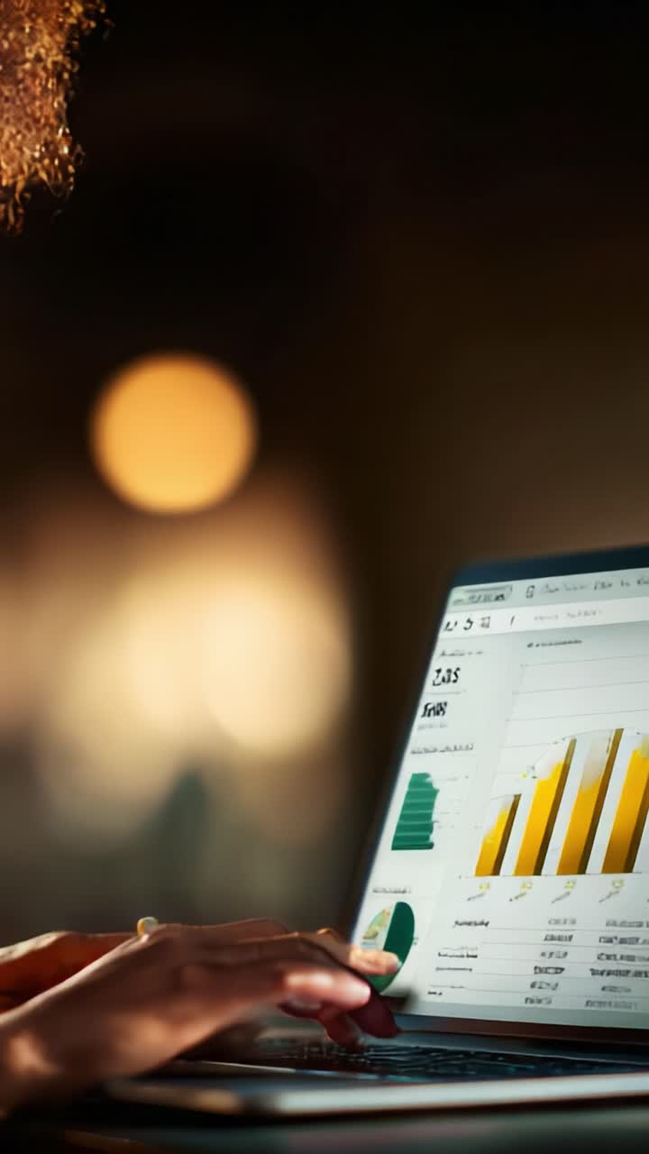Analyse av veksttrender: Et nærbilde av en person som jobber på en laptop med detaljerte grafer og diagrammer som representerer statistiske data og ytelsesmålinger