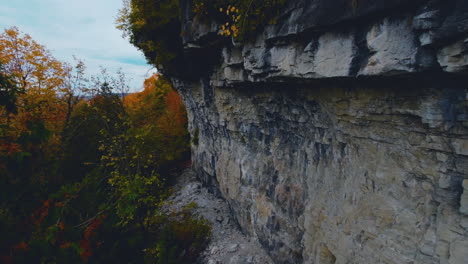 vista aérea de drones fpv volando a lo largo de una pared de roca y sobre un colorido bosque de otoño