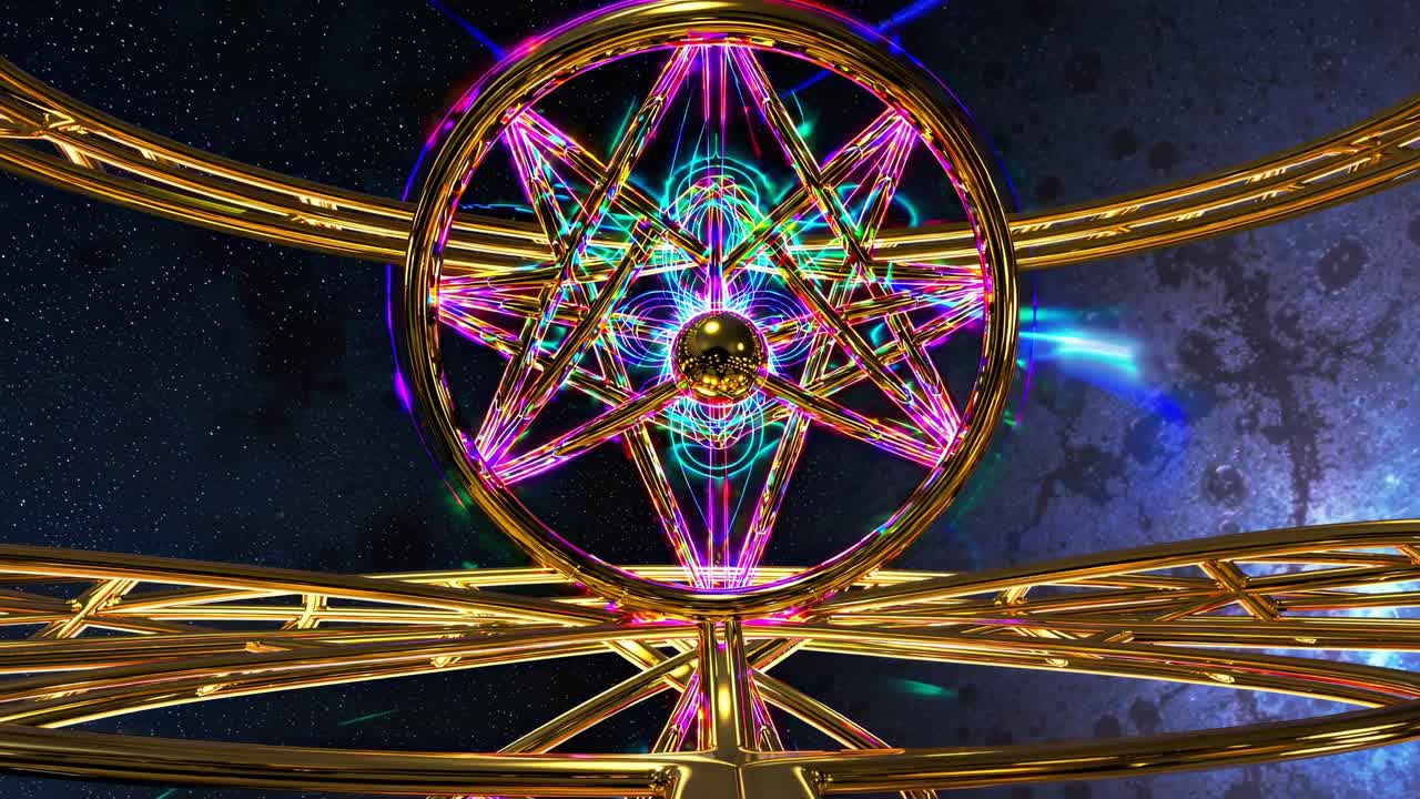 Golden metallic structure with a central glowing orb and intricate geometric patterns, emitting vibrant beams of light against a backdrop of stars and nebulae