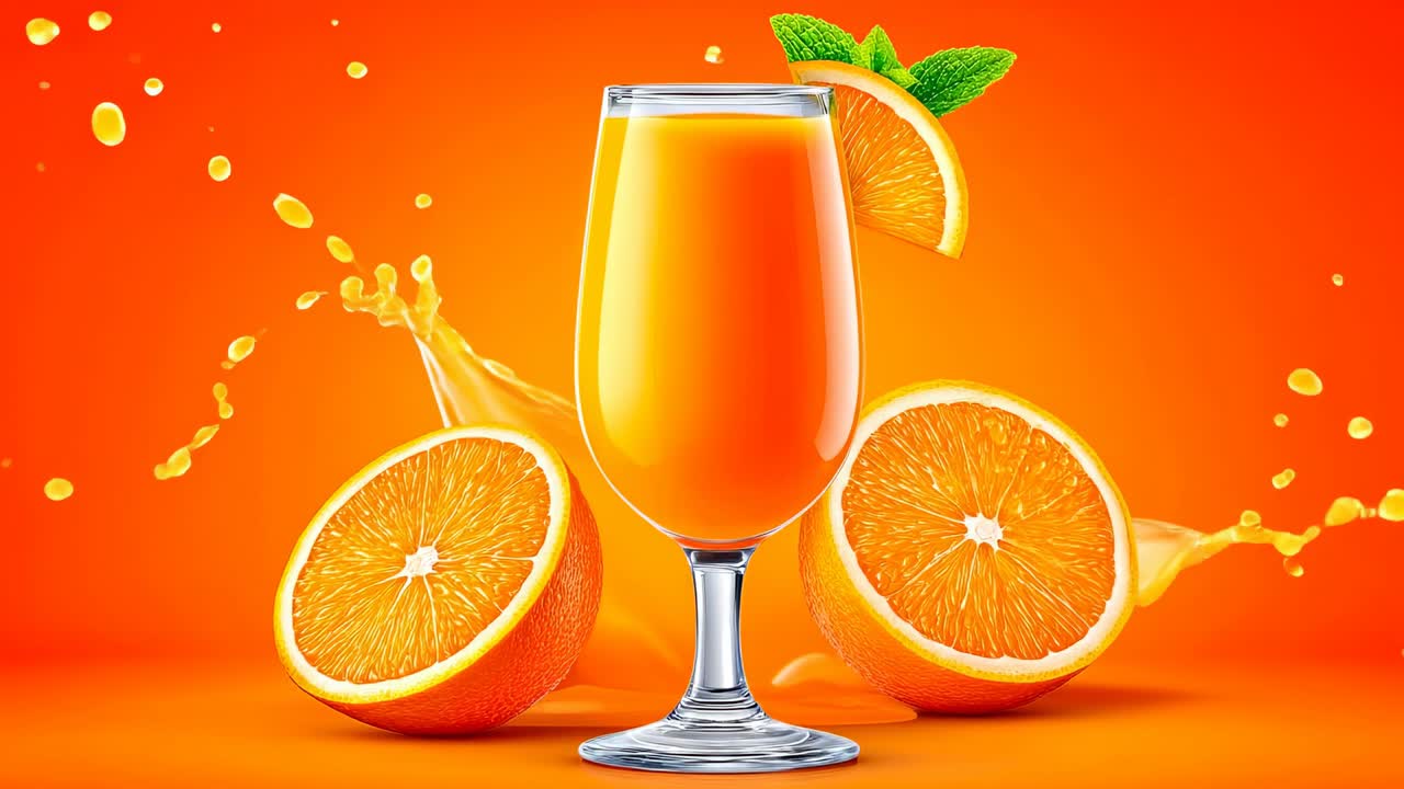 Succo d'arancia fresco con frutta in esposizione. Un bicchiere di succo d'arancia si erge con fette d'arancia fresca intorno. Gli schizzi di succo aggiungono divertimento alla scena.