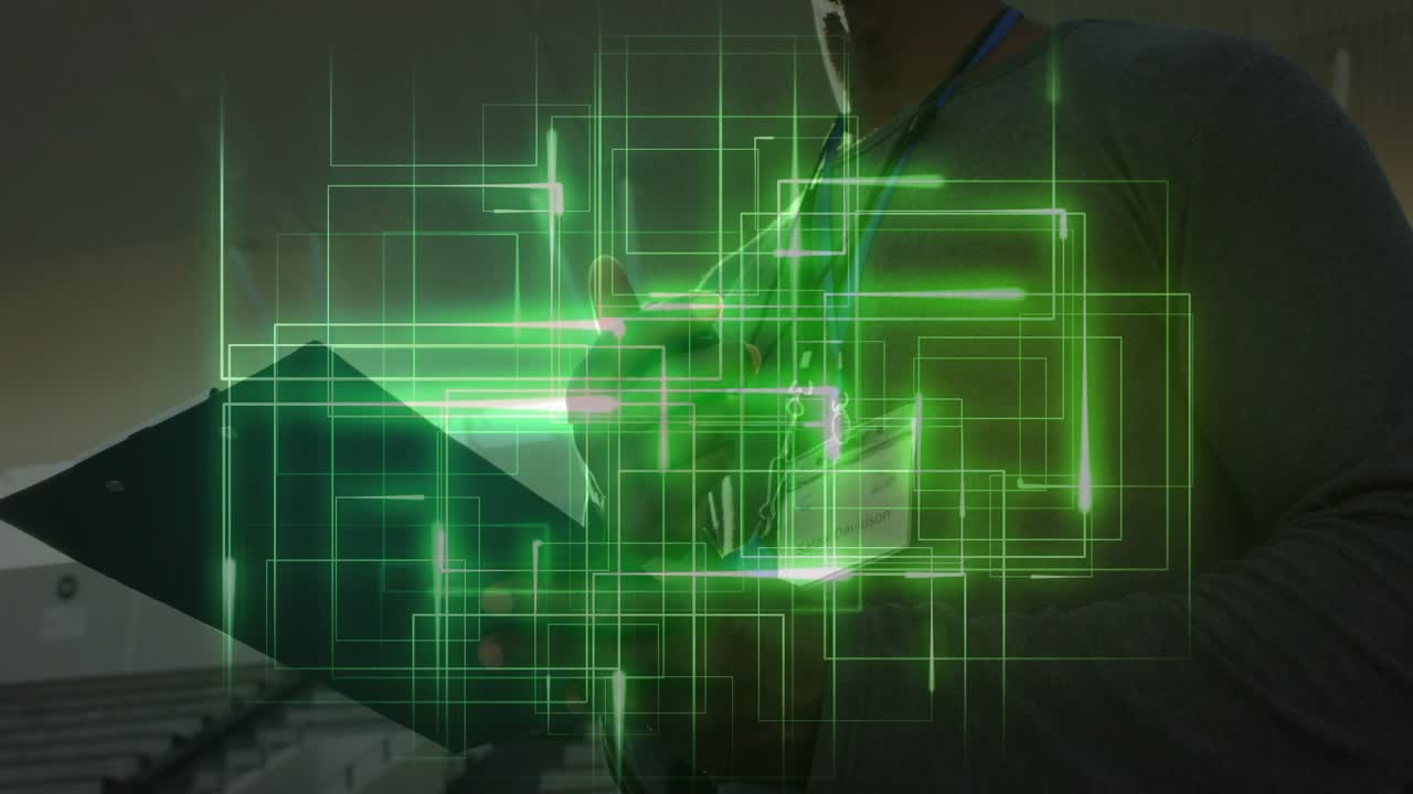 Animated green grid sweeping across face, man adjusting clipboard, reviewing inspection checklist