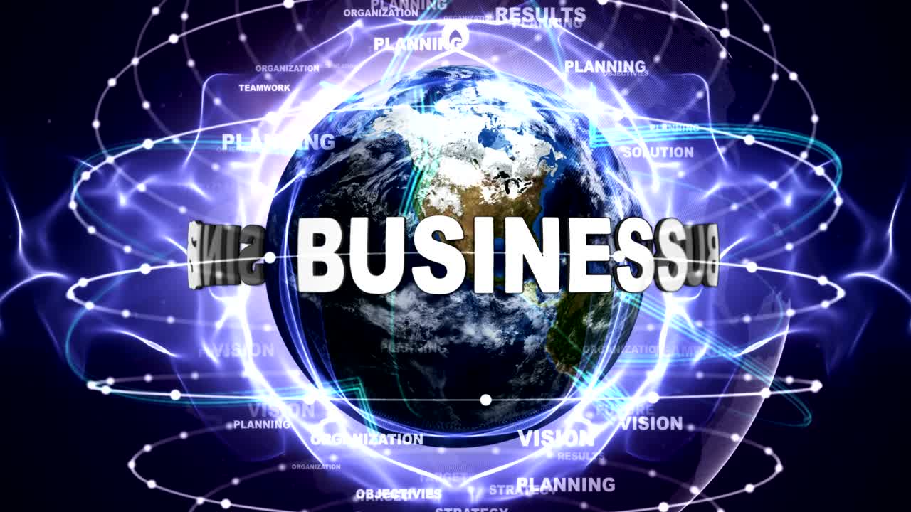 비즈니스 텍스트 애니메이션 및 지구, 키워드,  카메라