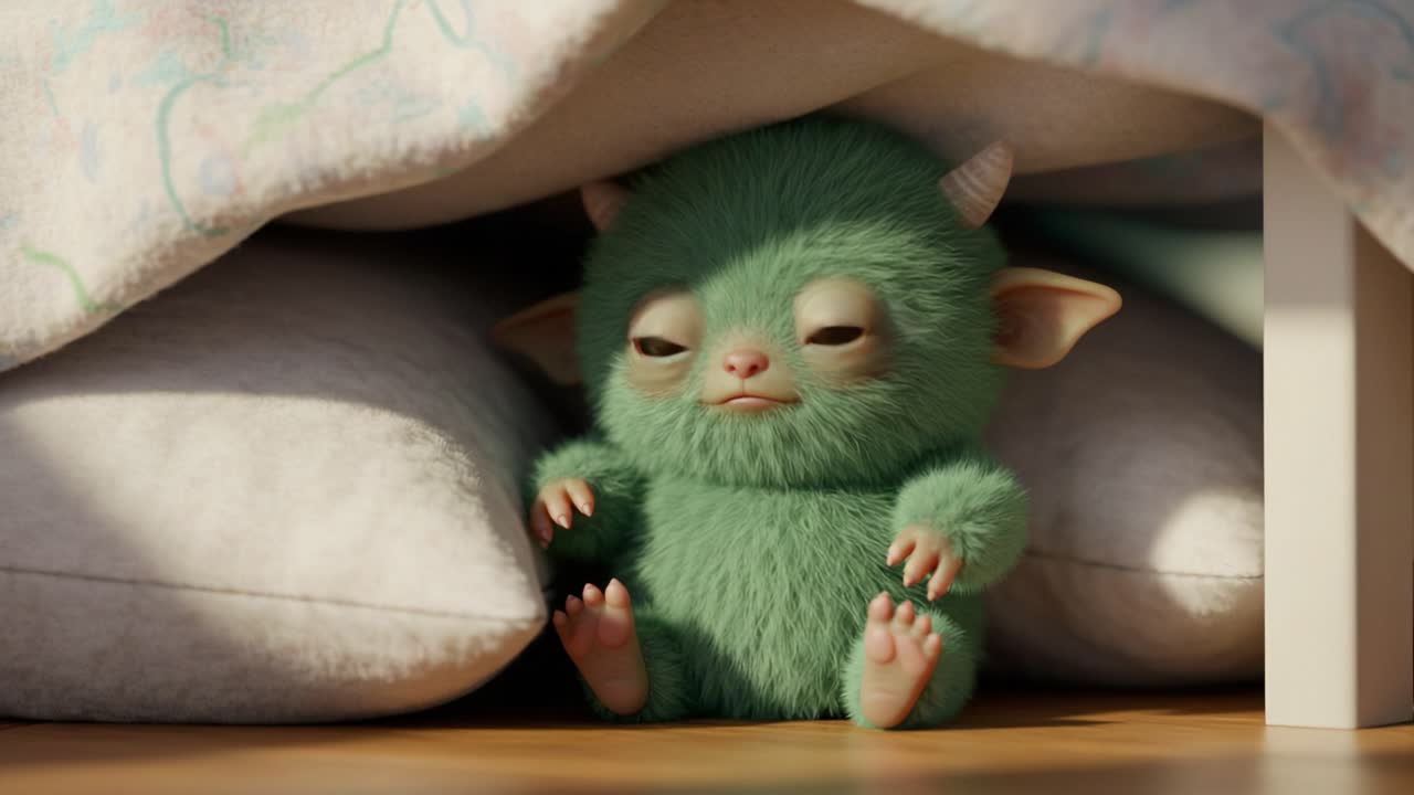 A Cute and Adorable Creature Hiding Under the Bed: A Playful Green Furry Character with Big Eyes and Small Horns Captured in Two Delightful Frames