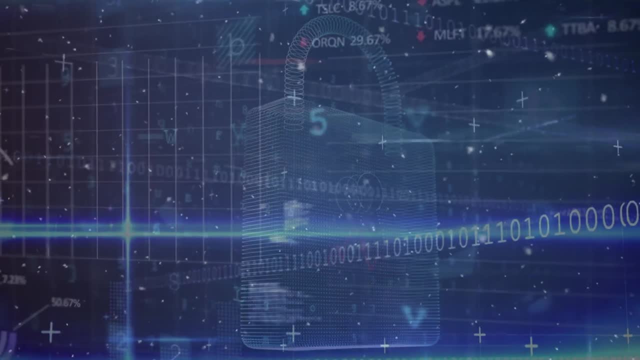 Animation of scanning, data processing and lights over graphs and digital padlock