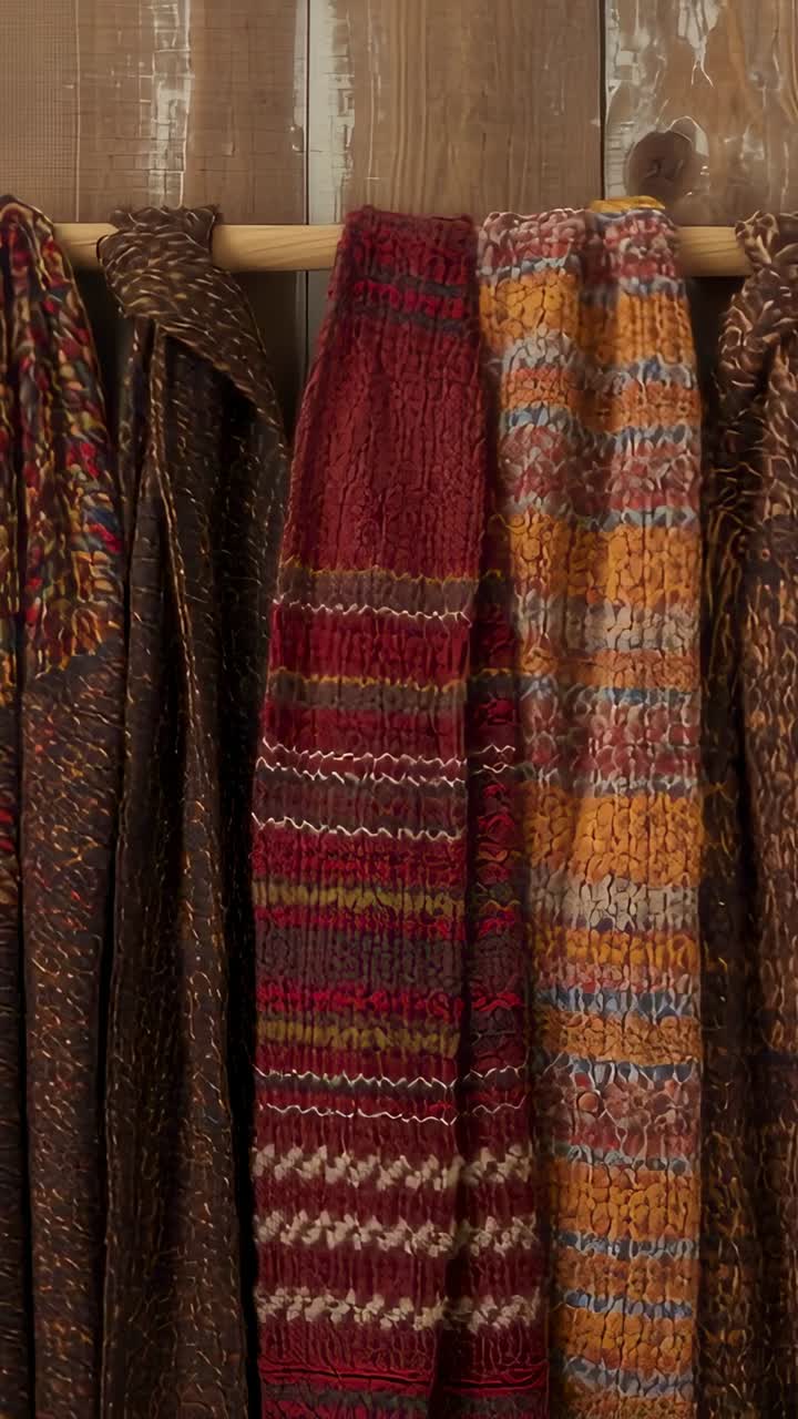 Vertical video: Gravity pulling scarves sliding off wooden rod, white cloth arriving on panel wall