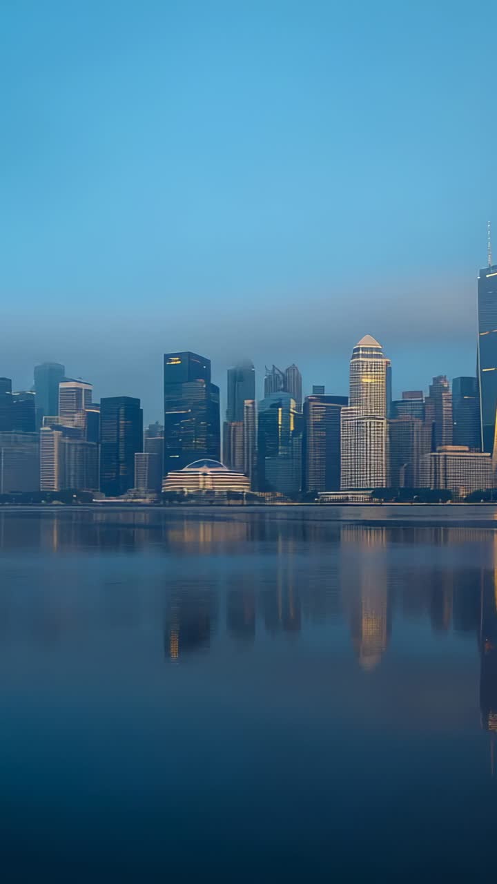Vertical video: Panning camera right across bay skyline, showing domed pavilion, tower, reflections