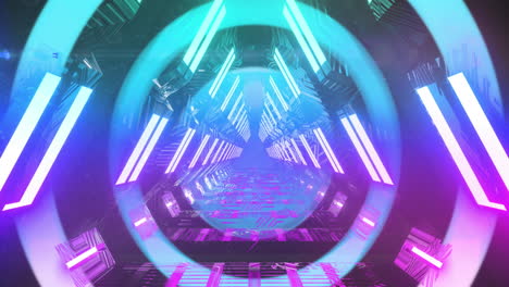 colorful concentric circles moving over futuristic neon lit passageway