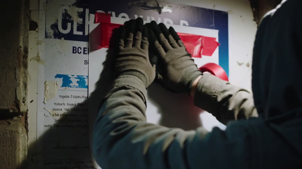 Centering white sheet, hooded-gloved person pulling red tape and taping to poster wall to secure it