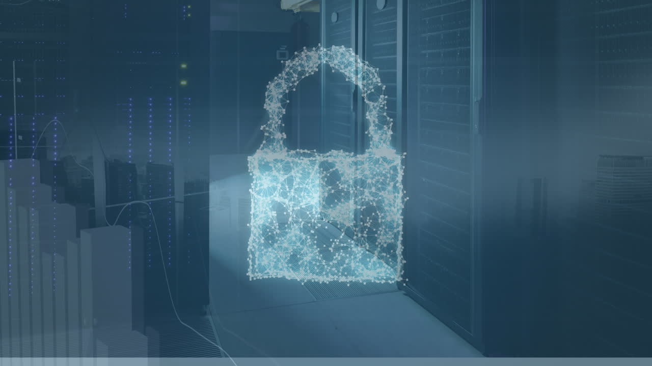 Animation of security padlock, shield and cloud icon and data processing against server room