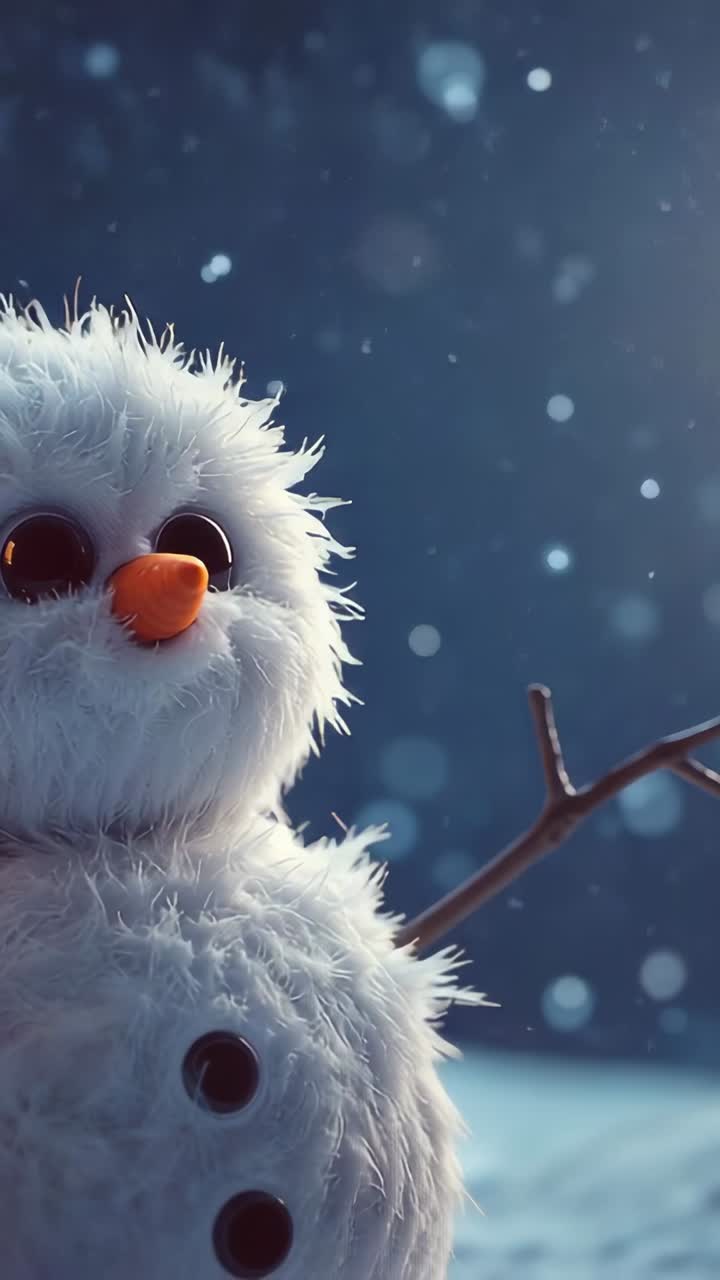 Vertical video: Camera panning right on snowman head at night, revealing twig arm, copy space