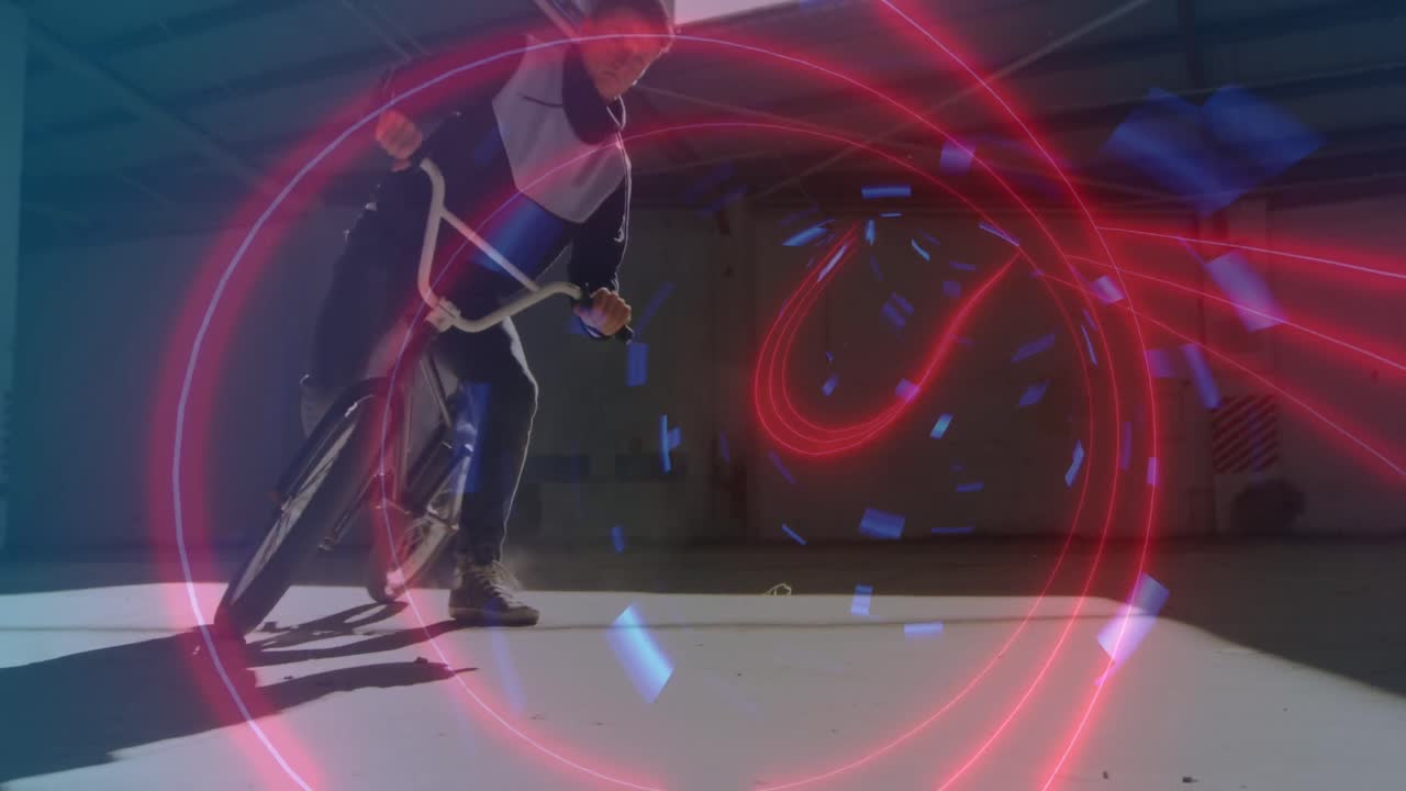 카우카스인 남자가 자전거를 타는 디지털 터널의 애니메이션