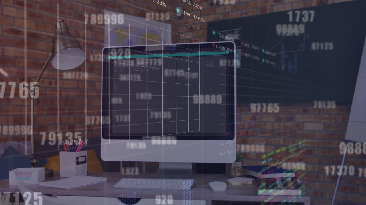 animación de números cambiantes y procesamiento de datos del mercado de valores contra computadora en el escritorio de la escuela.