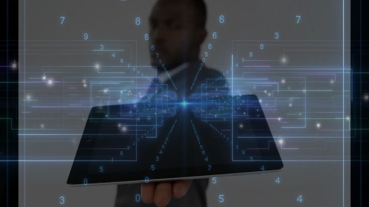 Tech host tilting laptop starting overlay emitting glowing numbers circuitry showcasing interface