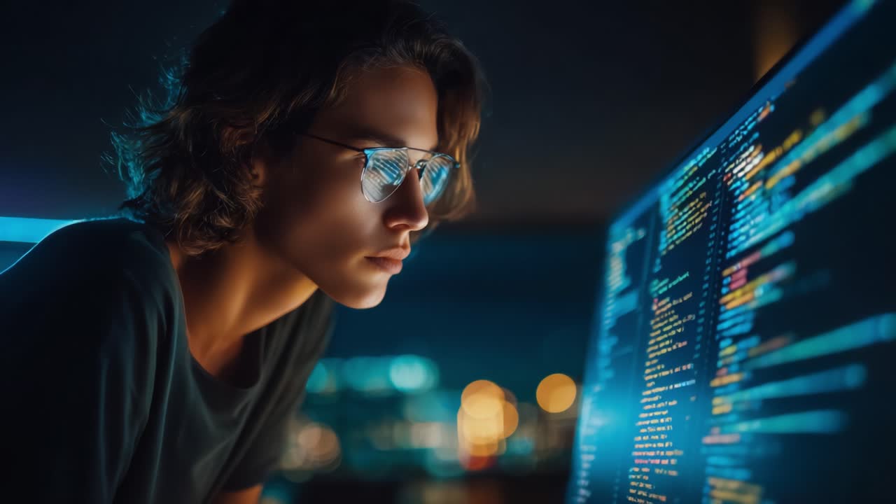 Focused Programmer Analyzing Code at Night: A Deep Dive into Software Development and the Intense Concentration Required for Tech Mastery