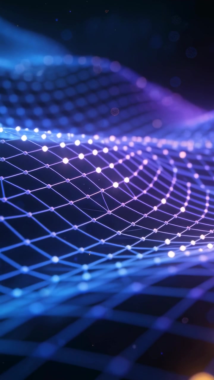 Vertical video: Camera moving ahead showing lit mesh undulating with nodes in void revealing depth