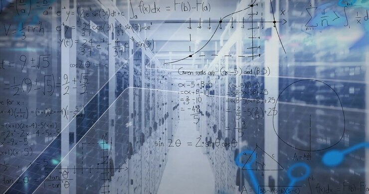 Animation of mathematical equations and data processing against computer server room
