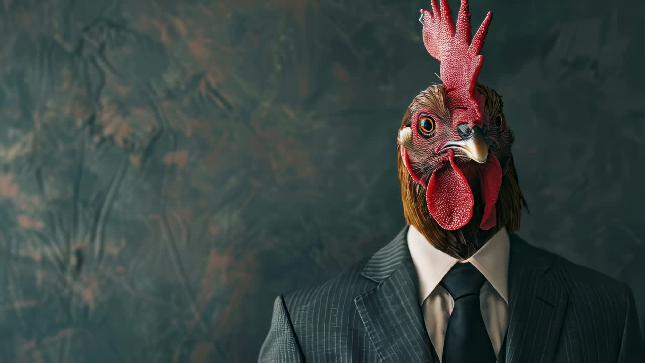 Dapper rooster wearing tailored suit and tie standing confidently in professional studio portrait, embodying quirky business executive persona with striking surreal humor