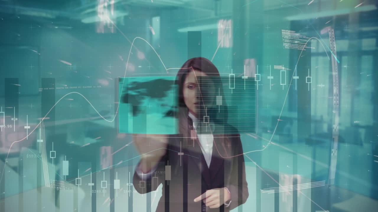 animación de una mujer de negocios que utiliza una interfaz de pantalla táctil con el procesamiento de datos