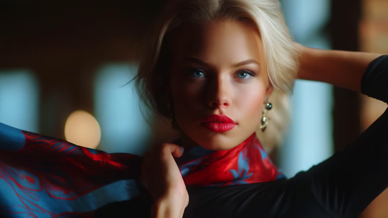 Elegance in Focus: A Captivating Portrait of a Model Showcasing a Vibrant Silk Scarf and Effortlessly Radiant Beauty, Highlighted by Soft Lighting and a Subtle Background that Enhances Her Allure