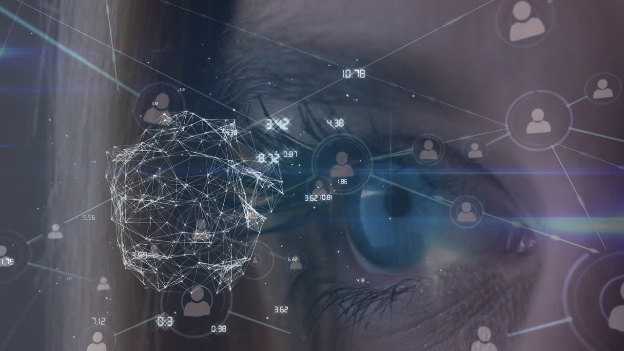 animazione di reti di connessioni con le persone icone sopra l'occhio blu della donna e globo