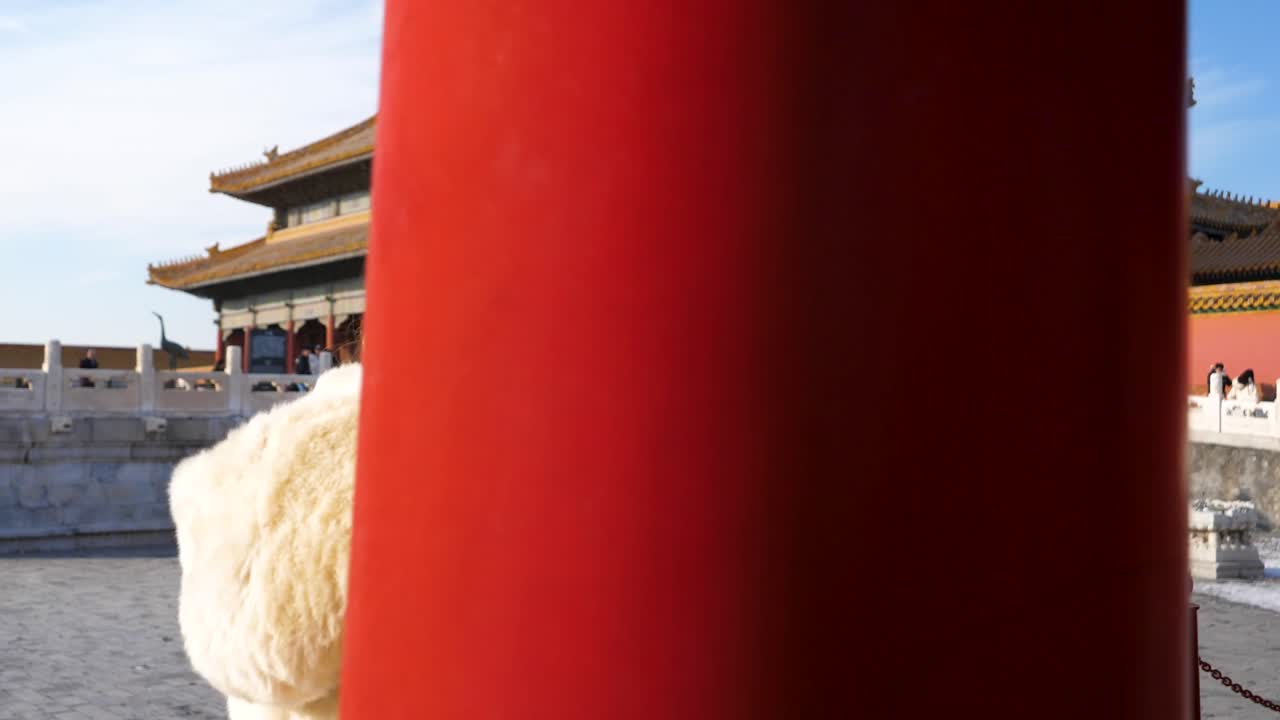 A girl wanders through a serene Chinese temple in winter, taking in the stunning architecture and rich cultural history. The cold air enhances the magical ambiance of her exploration.