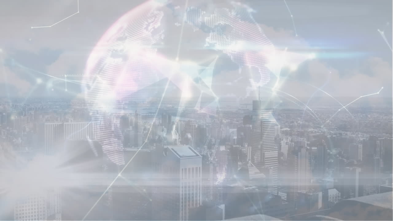 도시 풍경과 구름이 있는 하늘 위의 연결의 지구의 애니메이션