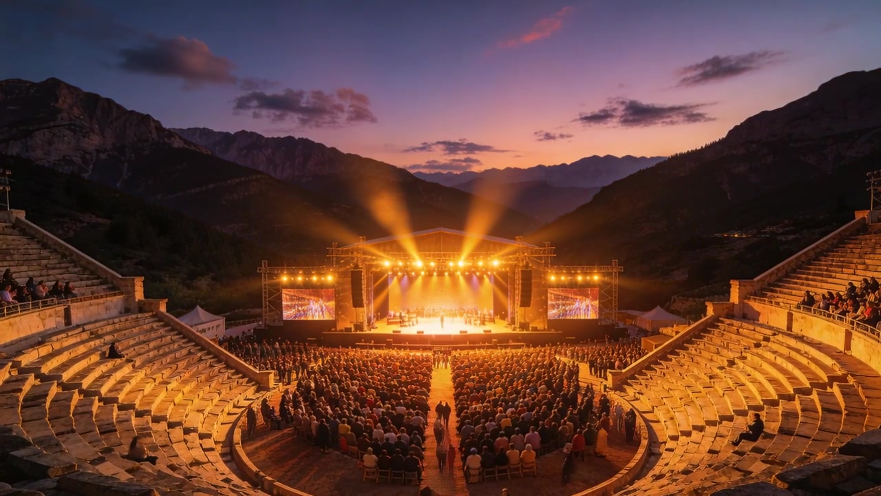 L'illuminazione scenica si accende, il palco dà energia agli artisti mentre la folla è in piedi nella conca della valle per il concerto.