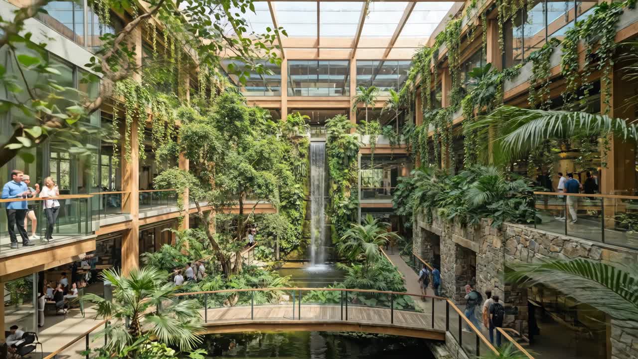 Moderne kontoratrium med frodig indendørs have og vandfald