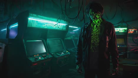 cyberpunk hacker in abandoned neon arcade