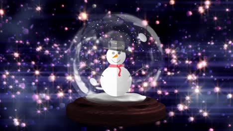 Animation-of-snow-globe-with-snowman-over-glowing-stars-on-dark-background