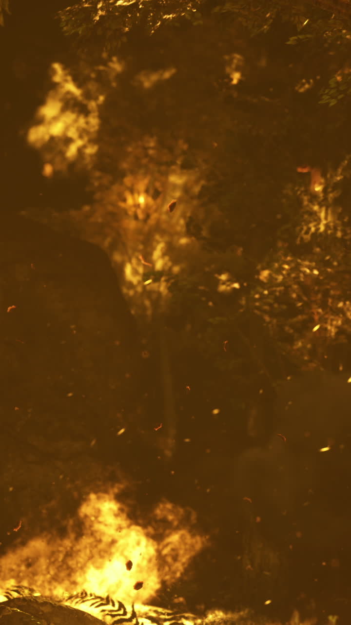 Forest fire spreading rapidly through trees at dusk in a remote area