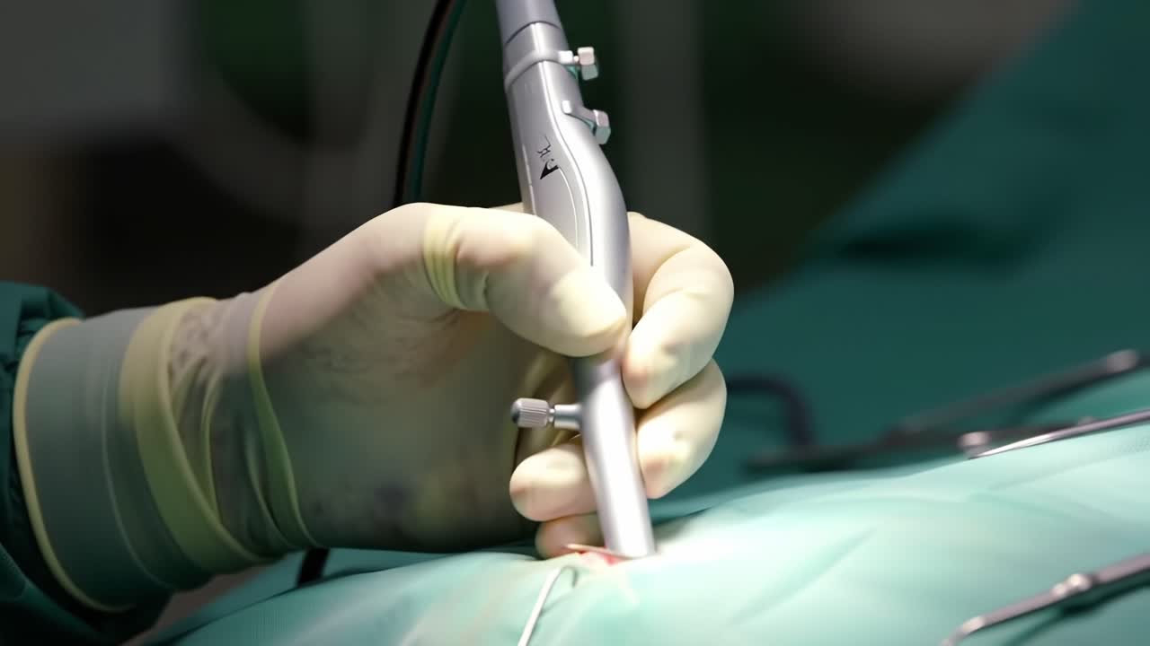 Close-Up of a Surgeon Using a Precision Surgical Instrument During a Procedure, Highlighting the Skillful Hand and Technical Detail of the Equipment