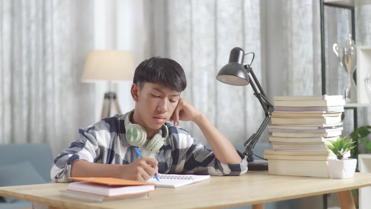 家で勉強している十代の男の子