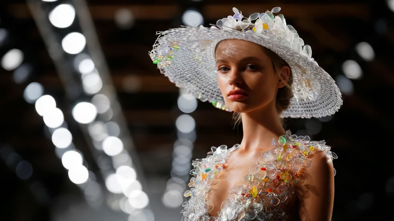 An Impressive Fashion Showcase Featuring a Model Dressed in a Unique Outfit Made of Recycled Materials and Complemented by an Intricate Hat, Capturing Sustainable Design in Style