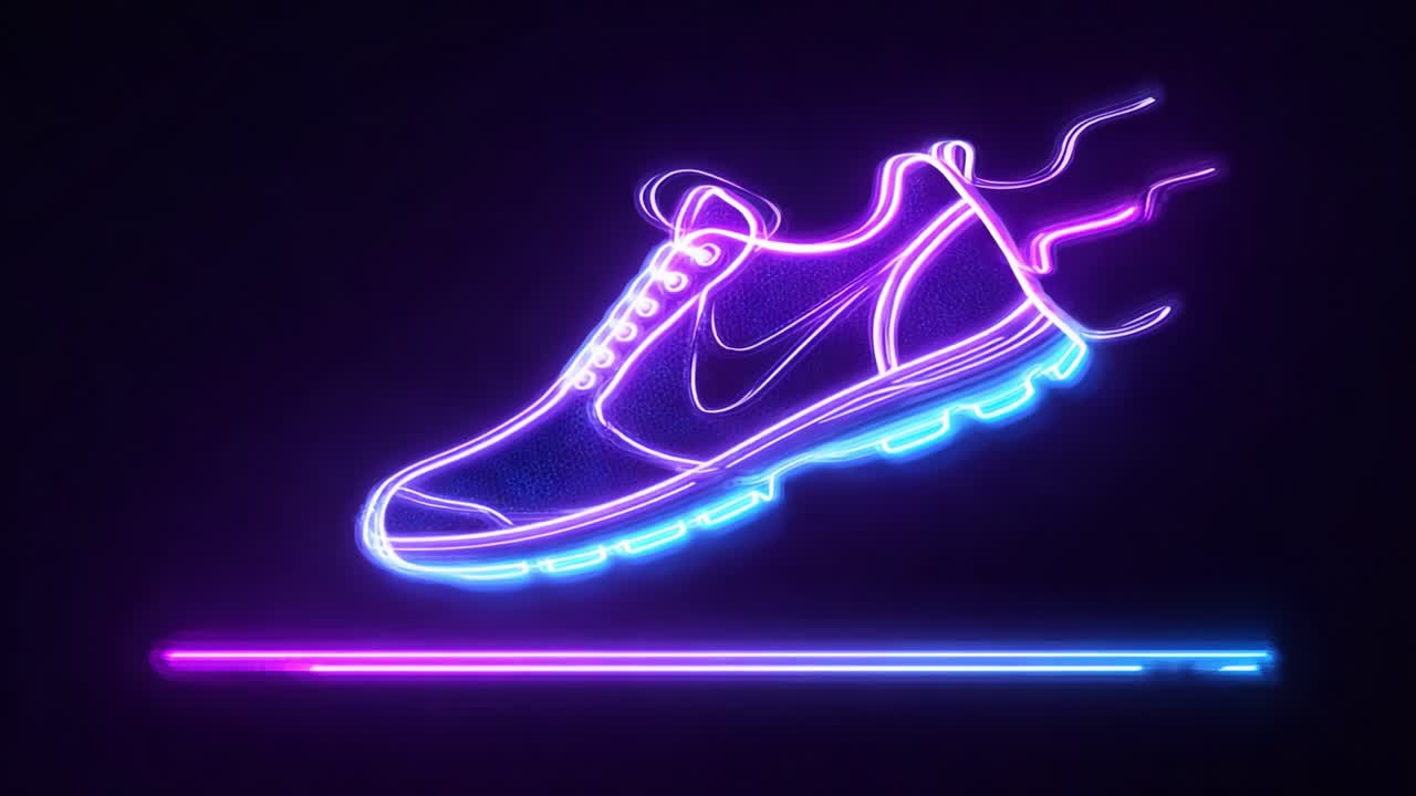 A digital representation of an energetic sneaker design, illuminated with vibrant neon colors showcasing intricate details and dynamic essence that captures the essence of motion and style