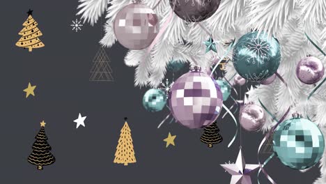 Animation-of-snow-falling-over-christmas-decoration-with-baubles