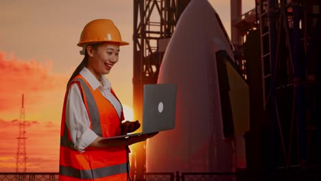 vista lateral de una ingeniera asiática con casco de seguridad trabajando en una computadora portátil mientras está de pie con el transbordador espacial, hora de la puesta del sol