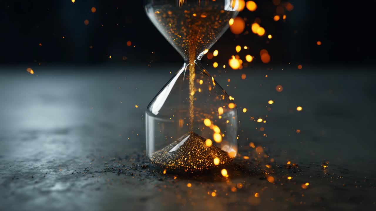 A mesmerizing hourglass captures the essence of time as glittering particles cascade through its glass design, creating a stunning visual experience that symbolizes the passage of moments