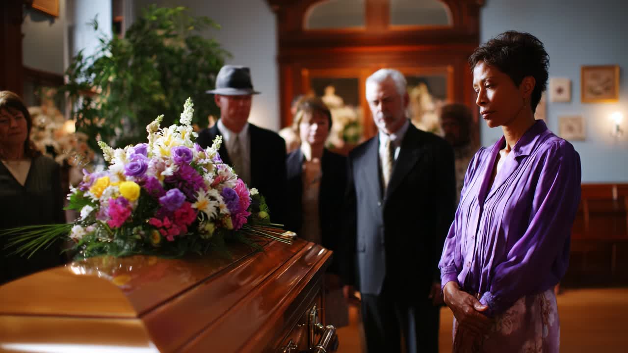 A Heartfelt Farewell: A Somber Gathering at a Funeral Service as Friends and Family Pay Their Respects to a Loved One Surrounded by Beautiful Floral Tributes and Reflective Moments of Grief and Remembrance