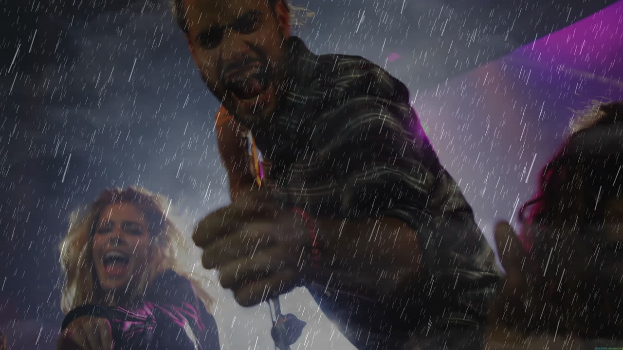 Lead singer shouting under pouring rain on music stage, showing animated rain icons and light beams