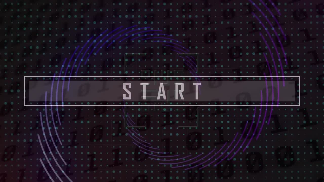 animación del texto de inicio con código qr y procesamiento de datos en fondo negro.