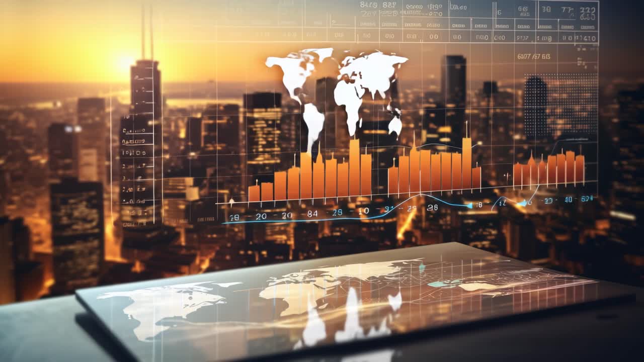 Aerial view of a cityscape at sunset with digital graphs overlay